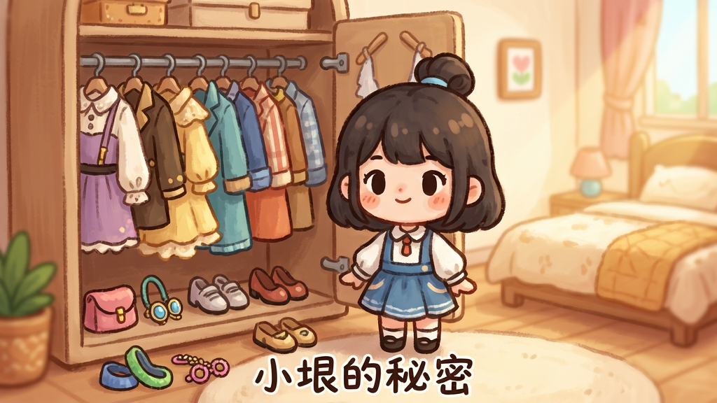 装扮系统展示,画面中“小垠的秘密”角色小垠站在衣橱前,衣橱内挂着多套风格各异的服装,地面散落着配饰与鞋子,明亮温馨的卧室背景,手绘Q版风格,构图以人物为中心,色彩鲜艳,细节丰富,画质干净无杂物,文字“小垠的秘密”置于底部。