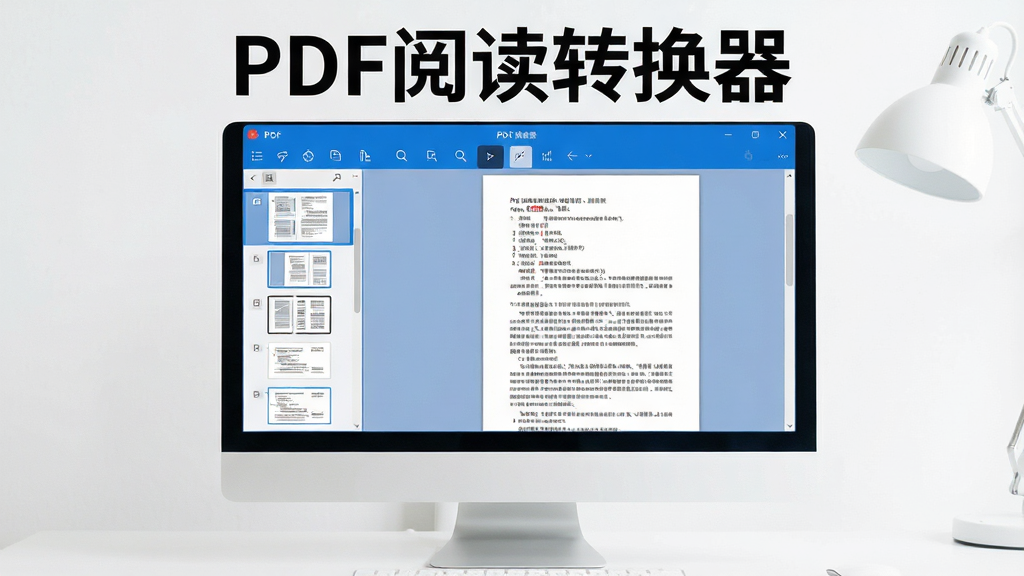 一张现代简约风格的电脑桌面,屏幕中打开PDF阅读转换器主界面,左侧是缩略图导航栏,右侧显示清晰的PDF文档内容,界面以蓝白配色为主,窗口上方有醒目的“PDF阅读转换器”文字标识,整体画面明亮干净,突出软件的专业与易用性,画质高清,无多余元素。