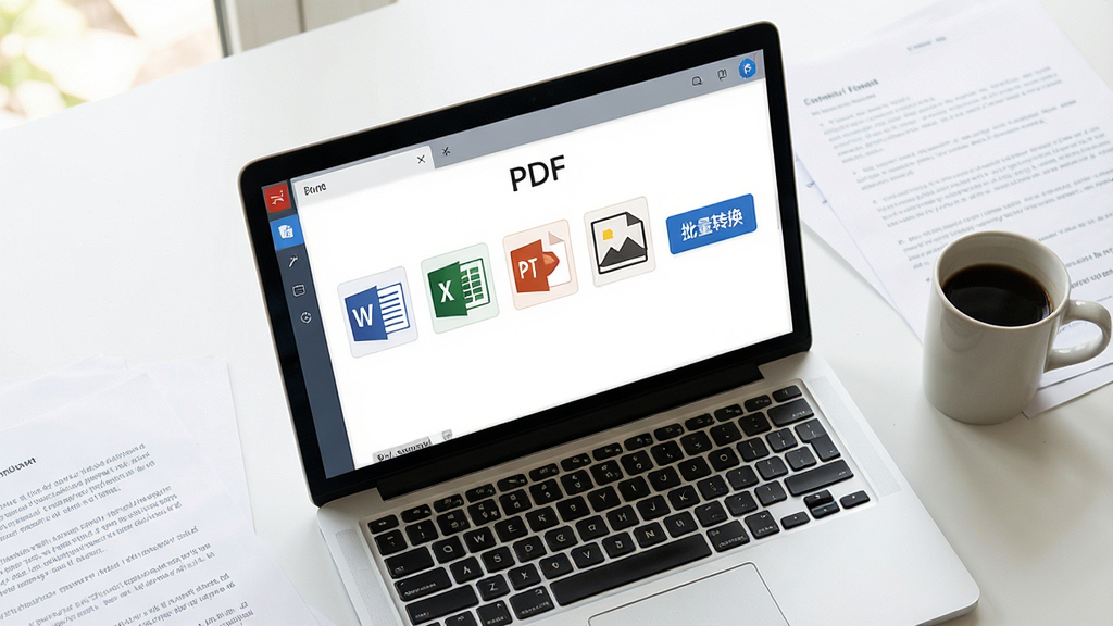 一张俯拍视角的办公桌面,笔记本电脑屏幕显示PDF阅读转换器的格式转换功能界面,界面中有一排格式图标(Word、Excel、PPT、图片),旁边有“批量转换”按钮,周围散落着几份纸质文档和咖啡杯,风格写实明亮,突出软件高效转换能力,画质清晰干净。
