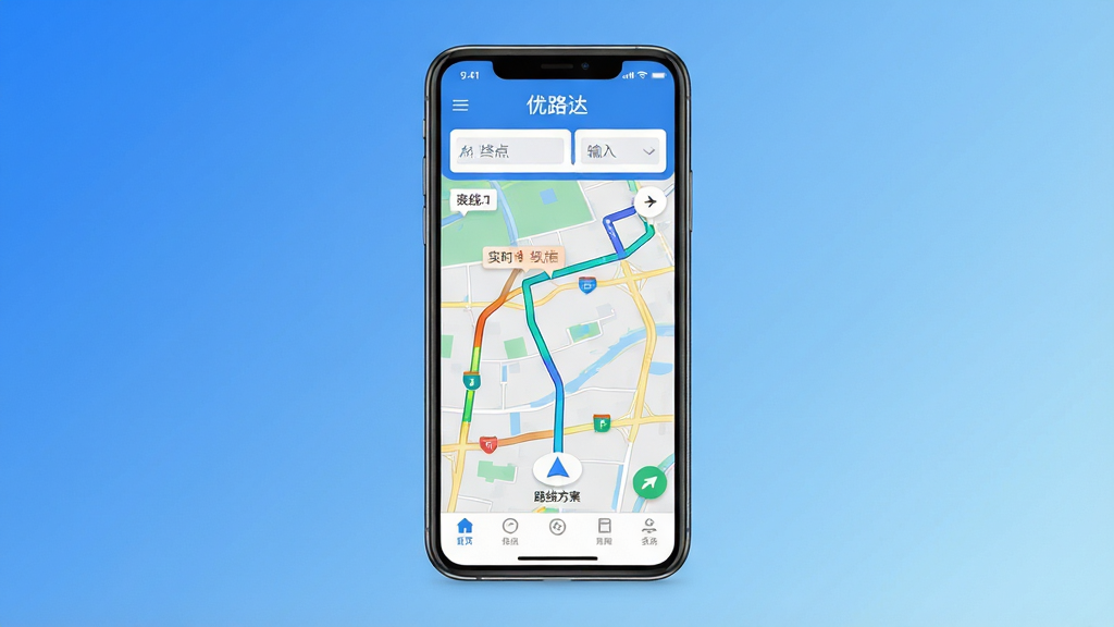 ���壺��·��APP����չʾ���ֻ���Ļ��ʾ������·�߹滮ͼ�뵼����ͷ�����֣��ֻ����У���Ļ����Ϊ��������Ϊ��Լ�Ľ�����ɫ���Ű棺����Ԫ�ذ�������յ������·�߷�����Ƭ���ײ�������������ִ���ƽ����Ʒ��ɫ���������¡�ϸ�ڣ���ͼ�ϱ�עʵʱ·����ɫ��·������������Ŀ����Ļ������ʾ