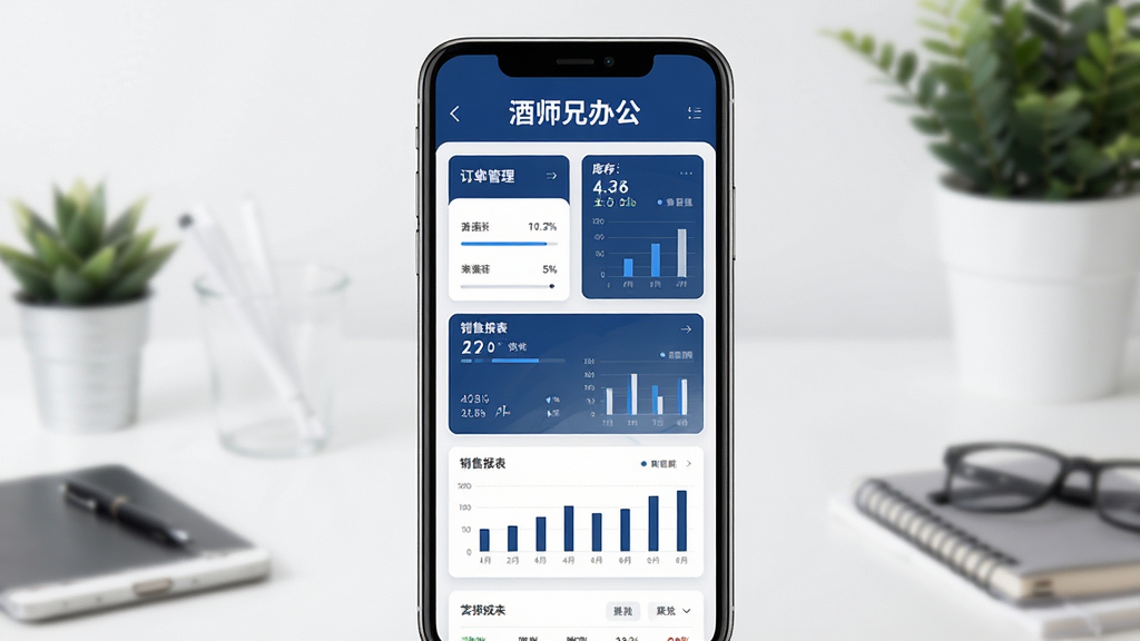 主体:酒师兄办公软件的主界面,展示在智能手机上,屏幕内显示订单管理、库存统计、销售报表等核心功能模块。布局:手机居中,屏幕内容清晰可见,周围有简洁的办公环境元素。排版:界面布局合理,功能图标排列整齐,色彩以深蓝色和白色为主。风格:现代商务风格,扁平化设计。细节:屏幕上有醒目的“酒师兄办公”字样,数据图表清晰。画质:高清,干净,无多余元素。