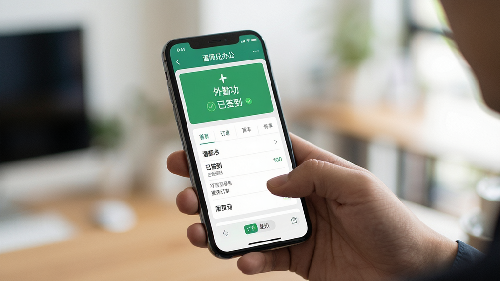 主体:用户正在手机上操作酒师兄办公软件,展示外勤打卡或订单录入场景。布局:手机持握在手中,屏幕显示打卡成功或订单详情页面。排版:手机位于画面中央,背景虚化处理。风格:写实生活风,自然光线。细节:屏幕上有“酒师兄办公”字样,打卡状态为“已签到”。画质:高清,干净,无多余元素。