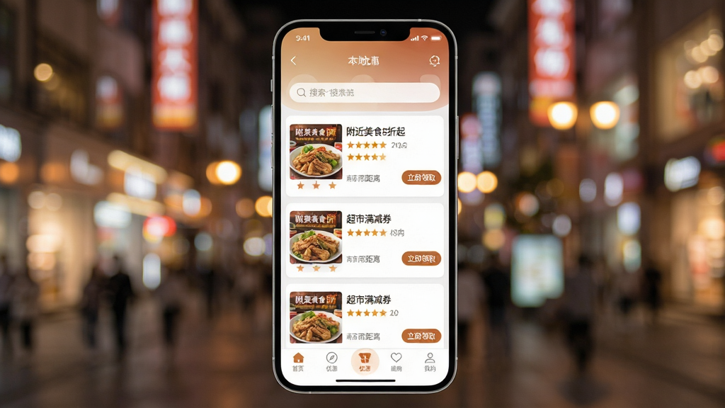 主体:一张手机APP的“本地优惠”页面设计图,背景为一张模糊的繁华商业街夜景照片,前景是半透明的卡片界面,上面展示着“附近美食5折起”、“超市满减券”等优惠信息条目,每条信息配有商家图片和“立即领取”按钮。布局:手机界面位于画面中央,背景光斑柔和,突出前景UI。排版:卡片式信息流布局,错落有致,视觉焦点集中在优惠信息和按钮上。风格:现代简约风格,融合真实场景与UI设计,色彩偏暖色调,营造生活气息。细节:卡片上有商家的星级评分和距离信息,顶部有搜索栏,底部导航栏高亮“优惠”选项。画质:画面通透,细节清晰,光影过渡自然,干净,无多余元素。