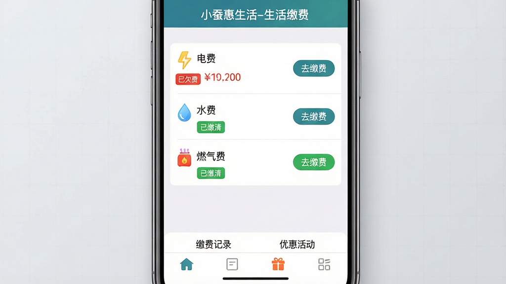 主体:一张模拟的手机APP界面截图,顶部显示“小蚕惠生活-生活缴费”,下方以列表形式排列“电费”、“水费”、“燃气费”等缴费项目,每个项目右侧配有对应的彩色小图标和“去缴费”按钮。布局:界面截图作为主体居中,背景为柔和的浅灰色,带有微妙的网格纹理,模拟真实手机操作环境。排版:信息层级分明,标题栏、内容区、底部导航栏清晰,字体清晰易读。风格:写实的UI界面展示风格,色彩搭配和谐,强调功能清晰性。细节:其中“电费”一项显示“已欠费”红色标签和具体金额,其他项目显示“已缴清”绿色标签,底部有“缴费记录”和“优惠活动”两个入口。画质:高分辨率,界面边缘锐利,质感细腻,画面干净,无多余元素。