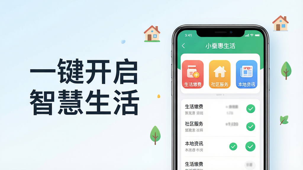 主体:一部亮屏的智能手机,屏幕显示“小蚕惠生活”APP主界面,界面清晰展示“生活缴费”、“社区服务”、“本地资讯”等彩色功能图标。布局:手机位于画面中央偏右,左侧留白并配有“一键开启智慧生活”的艺术字标题,整体为浅蓝色渐变为白色的干净背景。排版:采用居中式构图,手机屏幕内容细节清晰可见,标题文字采用现代感的无衬线字体。风格:扁平化设计风格,色彩明快,光影柔和,营造出科技感与亲和力。细节:屏幕上有模拟的账单数据和绿色对勾图标,背景中点缀有微小的房屋、树叶等生活元素图标。画质:8K超高清,细节丰富,画面干净,无多余元素。