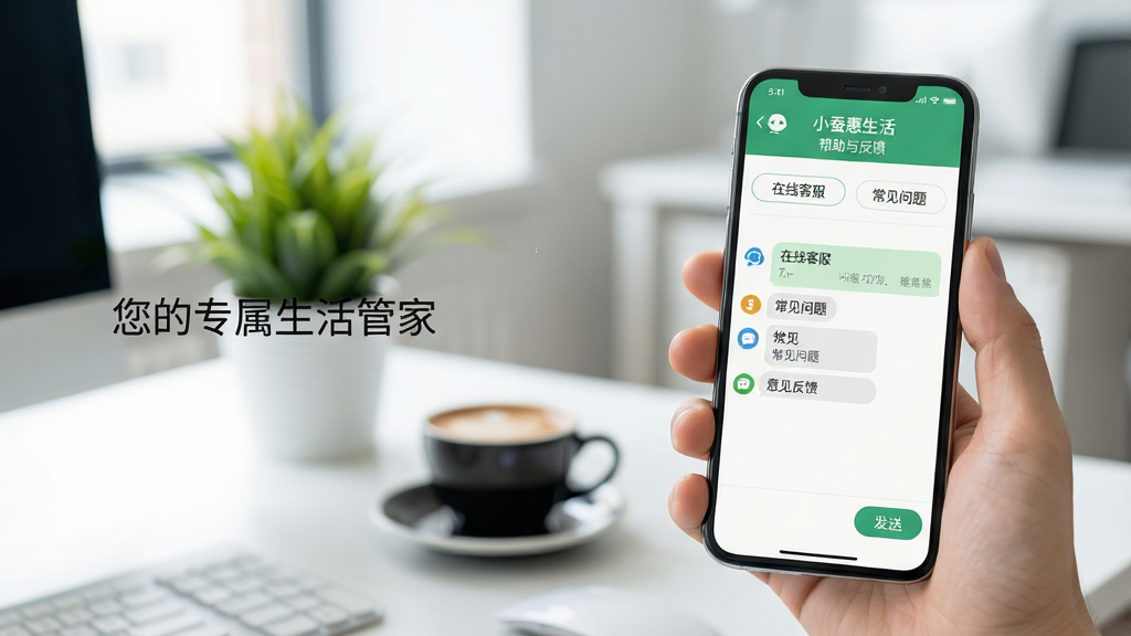 主体:一部手机被一只手持握,屏幕显示“小蚕惠生活”的“帮助与反馈”页面,页面上有“在线客服”、“常见问题”、“意见反馈”等选项,背景是简洁的现代办公室环境,光线明亮。布局:手机作为视觉焦点位于画面右侧三分之一处,左侧为留白并配有一行小字“您的专属生活管家”。排版:采用平衡构图,手机界面内容清晰可读,背景虚化处理。风格:生活化场景拍摄风格,真实自然,色彩清新。细节:手机屏幕上有模拟的对话窗口和“发送”按钮,背景桌面有绿植和一杯咖啡。画质:全画幅清晰,焦点锐利,景深自然,画面干净,无多余元素。
