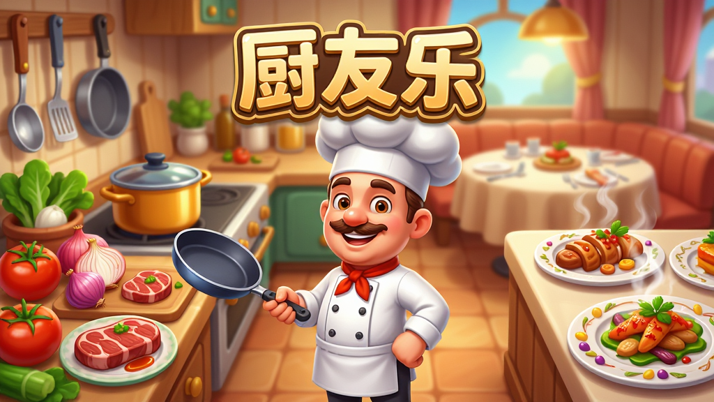 主体:游戏主界面展示,一位卡通风格的厨师角色站在装饰精美的西式厨房中央,周围环绕着多种新鲜食材和闪亮的厨具,背景是温馨的餐厅一角,桌上摆着色香味俱全的招牌菜肴。布局:画面中央突出厨师形象,左侧为食材与锅具,右侧为菜品展示台,上方悬浮着游戏Logo“厨友乐”字样。排版:主体居中,元素错落有致,前景清晰,背景虚化。风格:明亮卡通渲染,色彩鲜艳饱满,带有柔和的光影效果,传递出欢乐温馨的游戏氛围。细节:厨师面带微笑,身着白色厨师服,手持平底锅;食材包括番茄、洋葱、牛排等,菜品冒着热气,盘边有精致装饰;Logo文字使用圆润的艺术字体,带有金色描边。画质:4K超清,细节丰富,干净,无多余元素。