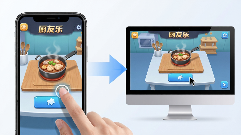 主体:游戏操作示意图,手机屏幕显示厨友乐游戏画面,手指正在点击屏幕进行烹饪操作,旁边有电脑显示器显示相同游戏界面,形成对比。布局:左侧为手机特写,右侧为电脑显示器,中间有箭头符号表示互通。排版:左右对称,主体突出,背景简洁。风格:现代科技感,色调明亮,细节清晰。细节:手机屏幕中显示游戏烹饪界面,手指轻点按钮;电脑屏幕上同样显示游戏画面,鼠标指针悬停在按钮上;箭头符号为半透明蓝色。画质:高清,画面干净,无多余元素。