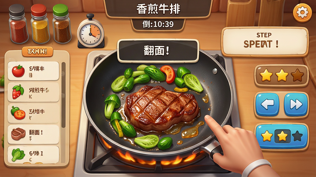 主体:游戏内烹饪操作界面,一双虚拟手正在操作平底锅,锅中食材正被翻炒,周围有调料瓶、计时器和步骤提示框。布局:中央为平底锅特写,左侧为食材列表,右侧为操作按钮和评分星级,顶部显示菜名“香煎牛排”和倒计时。排版:UI布局清晰,操作按钮大而醒目,提示信息简洁明了。风格:写实与卡通结合,色彩温暖,光影真实,突出食材的质感。细节:牛排表面呈现焦褐色,伴有油脂光泽,蔬菜配菜新鲜翠绿,锅底有轻微火焰特效;提示框内文字“翻面!”清晰可见。画质:高分辨率,画面干净,无多余元素。