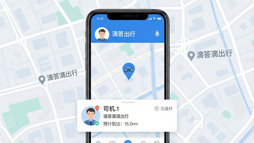 ���壺�ֻ���Ļ��ʾ�δ�γ����ɵ����棬˾��ͷ���복��λ�ñ�������ɼ������֣��ֻ�λ�ڻ������룬����Ϊ���нֵ���ͼ���Ű棺��ͼռ�������壬�ɵ���Ƭ�����ڵײ�����񣺱�ƽ��UI��ƣ�ɫ��������Ϊ����ϸ�ڣ���ͼ���С��δ�γ��С�ˮӡ���ɵ���Ƭ��ʾ˾����Ϣ��Ԥ�Ƶ���ʱ�䣻���ʣ������������޶���Ԫ�ء�