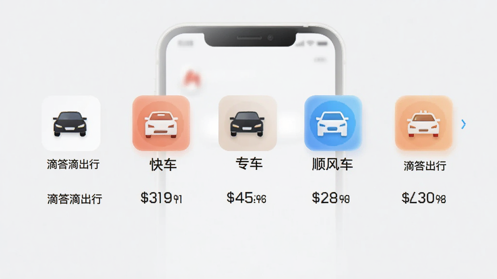 ���壺�δ�γ���APP�ĳ���ѡ��ҳ�棬չʾ�쳵��ר����˳�糵��ͼ�ꣻ���֣�ͼ������������ֻ���Ļ���룬�·���Ӧ���ͼ۸��Ű棺���½ṹ���Ϸ�ͼ���·����֣���񣺼�Լ����磬����ǳ��ɫ��ϸ�ڣ�ÿ��ͼ���·��С��δ�γ��С�С�֣����ʣ��߷ֱ��ʣ��ɾ����ࡣ
