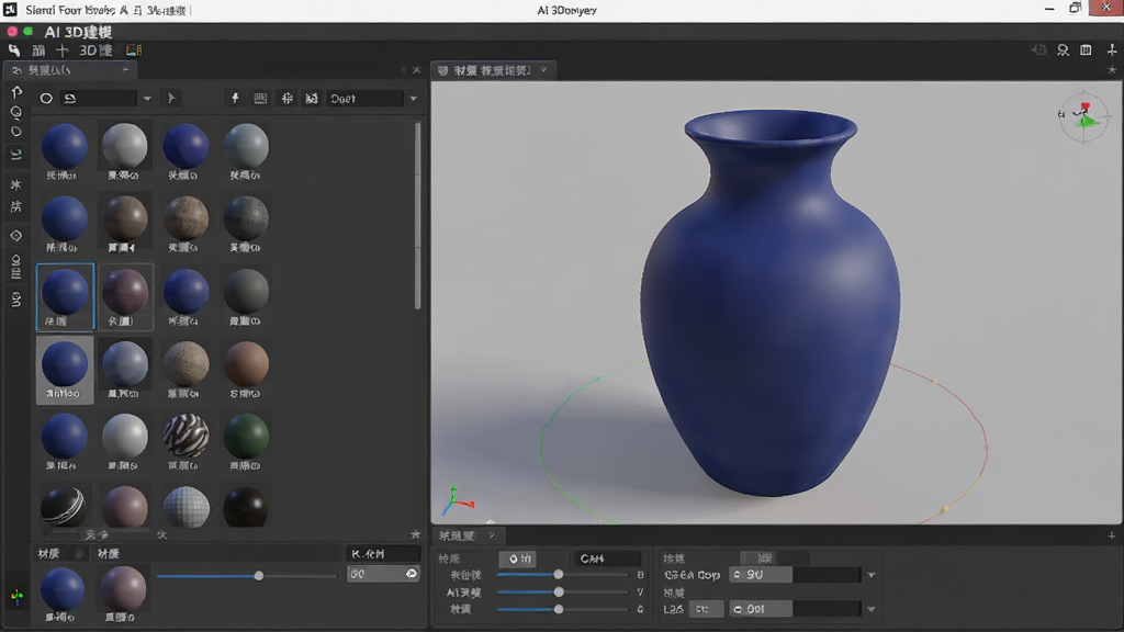 电脑屏幕显示“AI 3D建模”的材质编辑界面,界面左侧是模型的材质球列表,右侧是正在实时渲染的3D花瓶模型,花瓶表面呈现磨砂质感的深蓝色塑料材质,环境光反射柔和,界面下方有材质参数调节面板,整体布局专业,画质精细,干净无多余元素
