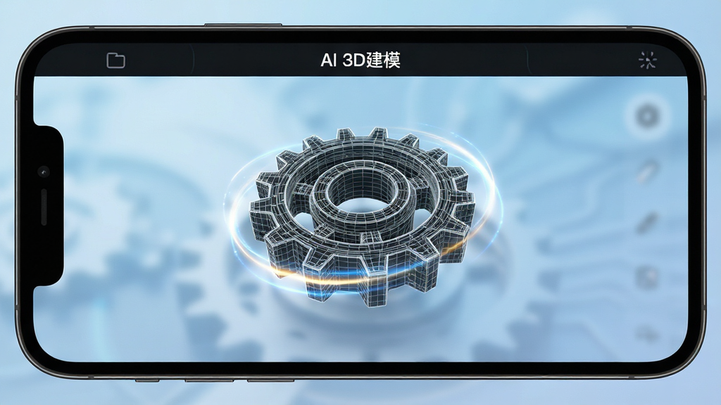 一张智能手机屏幕特写,屏幕正面居中展示“AI 3D建模”软件的主界面,界面风格为深色科技感,中央悬浮着一个由线框构成、正在旋转的立体机械齿轮模型,模型表面有流动的光效,背景是模糊的淡蓝色渐变,整体布局干净,排版突出模型主体,画质高清,干净无多余元素
