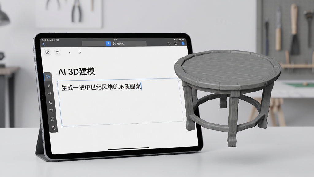 一部平板电脑横屏放置在桌面上,屏幕显示“AI 3D建模”的文字输入界面,输入框内打出了“生成一把中世纪风格的木质圆桌”的指令,旁边悬浮着刚生成完毕的半成品木质圆桌3D模型,模型带有未渲染的灰色材质,背景为简洁的工作室环境,光线柔和,排版清晰,画质干净,无多余元素
