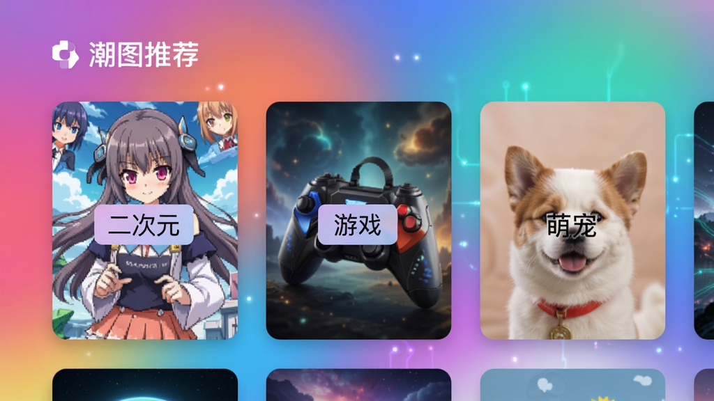 潮图壁纸应用智能推荐页面,展示一组与用户兴趣匹配的壁纸卡片,每张卡片上覆盖着标签,如“二次元”、“游戏”、“萌宠”,背景是模糊的彩色渐变,界面友好,富有科技感,画质高清,干净无多余元素