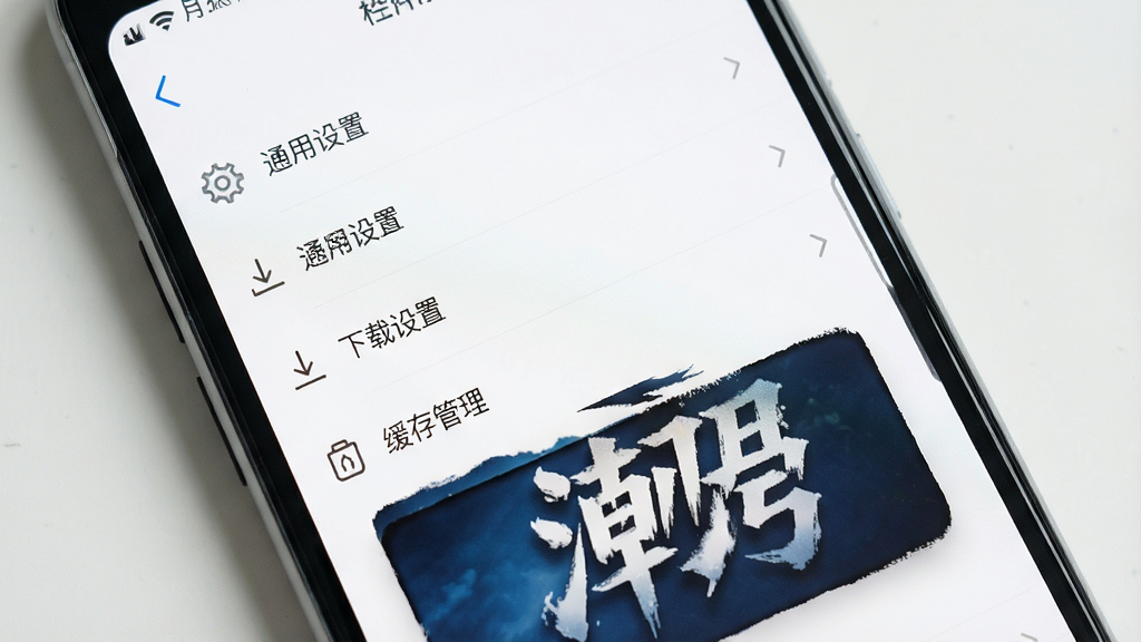 一部手机展示潮图壁纸应用设置页面,页面上有“通用设置”、“下载设置”、“缓存管理”等选项,背景为简洁的白色,界面清晰,画质干净,无多余元素