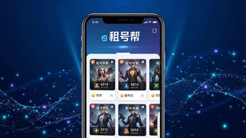 图片中央展示一部正在运行热门游戏的智能手机,手机屏幕上清晰显示“租号帮”APP的租用界面,界面中陈列着多款游戏的高等级账号卡片,背景为充满科技感的深蓝色渐变光效与数字粒子流动特效。整体布局以手机为主体居中,画面干净,细节精致,高清渲染,画质清晰,无多余元素,突出“租号帮”的品牌名称与游戏租用功能。