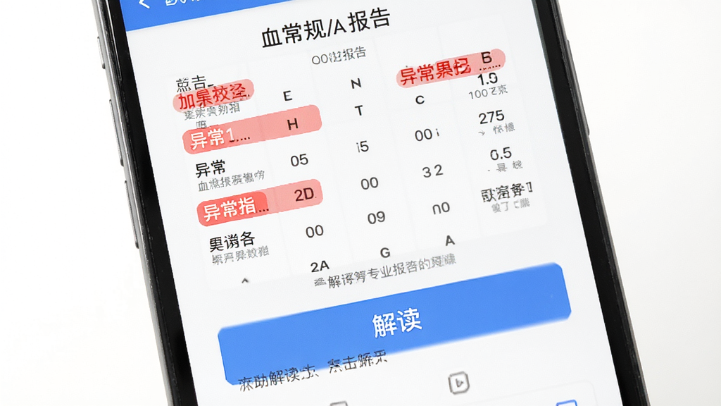 就医号APP报告解读页面,显示一份血常规报告,异常指标用红色标注,下方有“解读”按钮,点击后显示专业解读文字,背景为白色,排版简洁,重点突出,画质高清,无多余元素