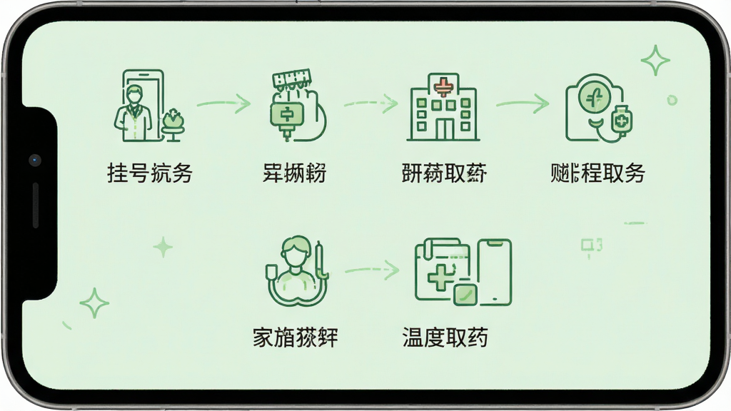 就医号APP全流程服务示意图,展示从挂号到取药的六个步骤图标,每个图标下方有简短文字说明,背景为淡绿色,图标采用线条风格,整体色调清新,布局整齐,画质细腻,无杂乱元素