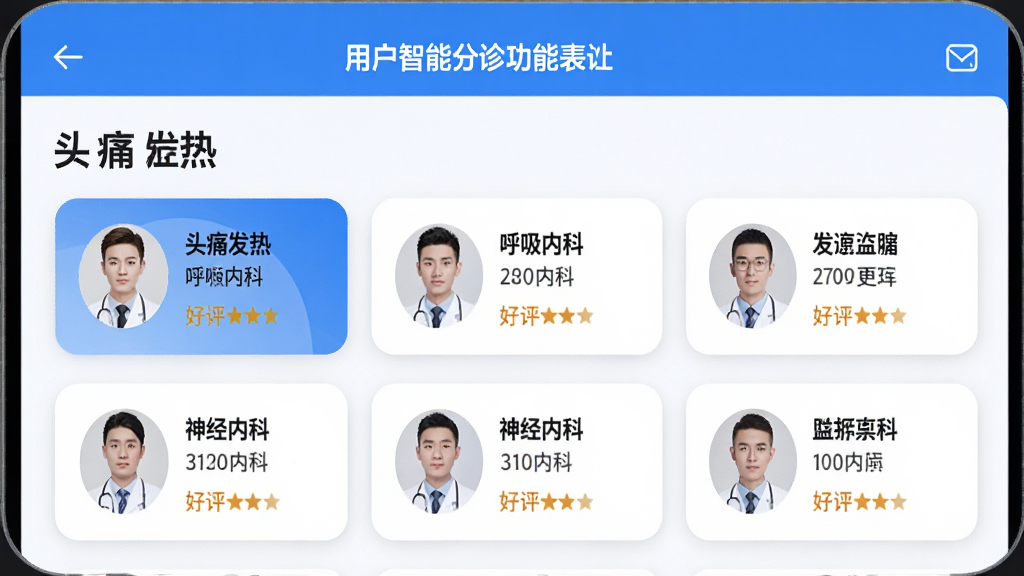 就医号APP智能分诊功能界面,用户输入症状“头痛发热”后,系统推荐“呼吸内科”“神经内科”等科室,每个科室卡片显示医生头像、职称和好评率,界面采用卡片式布局,白色背景搭配蓝色主色调,圆角设计,信息层级清晰,画质清晰,无多余元素