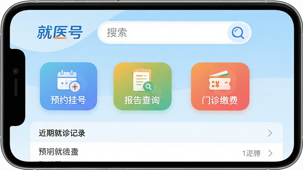 一张手机屏幕展示就医号APP主界面,界面顶部显示“就医号”logo和搜索框,中部有“预约挂号”“报告查询”“门诊缴费”四个彩色功能图标,下方是近期就诊记录列表,背景为浅蓝色渐变,整体风格简洁现代,扁平化设计,画面干净无杂物,文字清晰可辨,高画质,UI界面截图风格