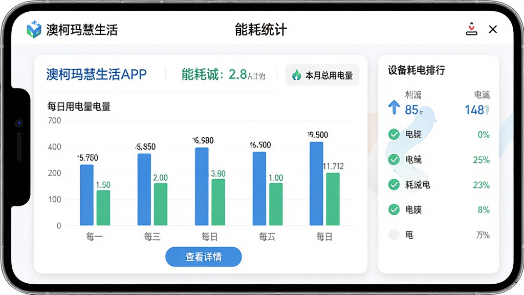 主体:澳柯玛慧生活APP的“能耗统计”页面,以柱状图展示每日用电量。布局:页面顶部显示本月总用电量,下方为每日柱状图,右侧有设备耗电排行。排版:图表配色以蓝色和绿色为主,数据清晰易读。风格:数据可视化风格,背景为白色,卡片阴影柔和。细节:柱状图上有数值标注,底部有“查看详情”按钮。画质:高清,专业感强。