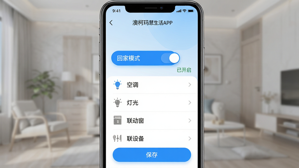 主体:澳柯玛慧生活APP的“场景模式”设置界面。布局:屏幕中央显示“回家模式”开关,下方列出空调、灯光、窗帘等联动设备选项。排版:简洁的列表式布局,开关为蓝色,设备名称左侧有小图标。风格:科技感与实用性结合,背景为淡蓝色渐变。细节:开关旁边有“已开启”文字提示,底部有“保存”按钮。画质:高清,干净整洁。