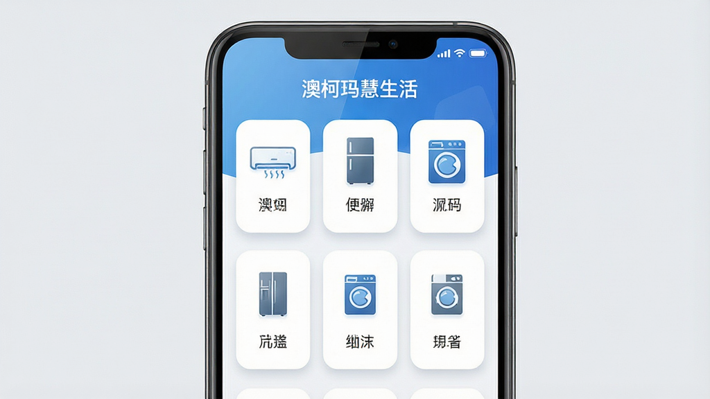 主体:智能手机屏幕展示澳柯玛慧生活APP主界面,界面清晰显示空调、冰箱、洗衣机等设备图标。布局:手机居中,屏幕内容面向观众,四周留白,设备图标以网格排列。排版:界面采用现代扁平化设计,图标下方标注中文名称,顶部显示“澳柯玛慧生活”字样。风格:科技感与温馨家居结合,色彩以蓝白为主,搭配柔和的浅灰色背景。细节:屏幕反射淡淡光泽,图标精致,每个设备卡片有圆角阴影,整体画面干净明亮。画质:高清渲染,干净无多余元素。