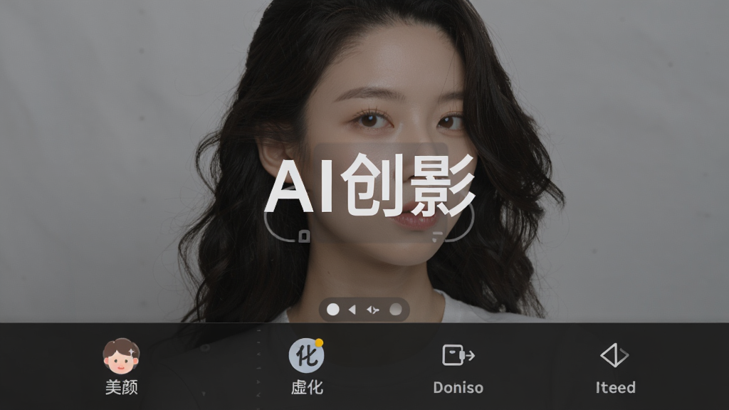 展示AI创影专业图片优化功能的操作界面,背景为一张人像照片,界面底部有美颜、虚化、锐化等工具图标,画面中央有“AI创影”字样,布局为上下结构,排版清爽,风格简约,细节丰富,画质清晰,无多余元素