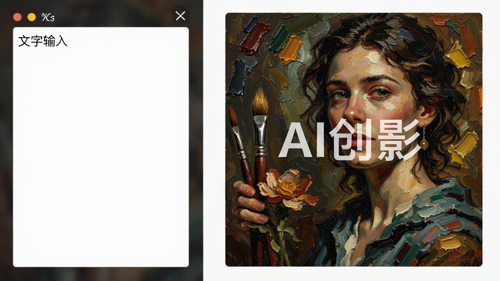 展示AI创影智能AI绘画功能的界面截图,左侧为文字输入框,右侧为生成的画作示例,画作呈现油画风格,色彩浓郁,画面中央有“AI创影”字样水印,整体布局左右分栏,排版规整,风格写实,细节丰富,画质清晰,干净无多余元素