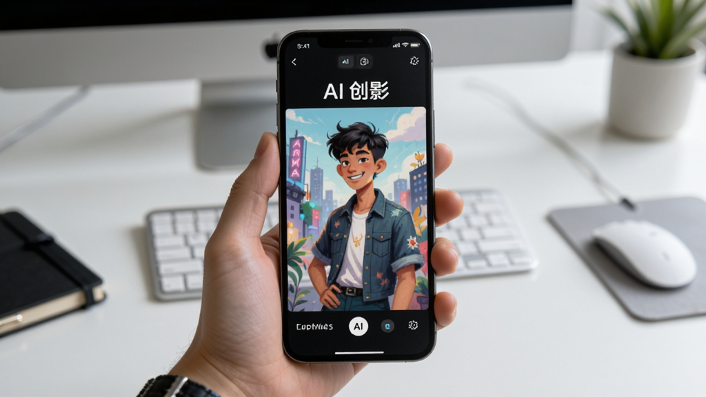 展示AI创影在手机上的使用场景,一只手握着手机,屏幕上显示AI绘画的生成过程,背景为简约办公桌,画面中有“AI创影”字样,布局为居中构图,排版自然,风格写实,细节丰富,画质清晰,无多余元素