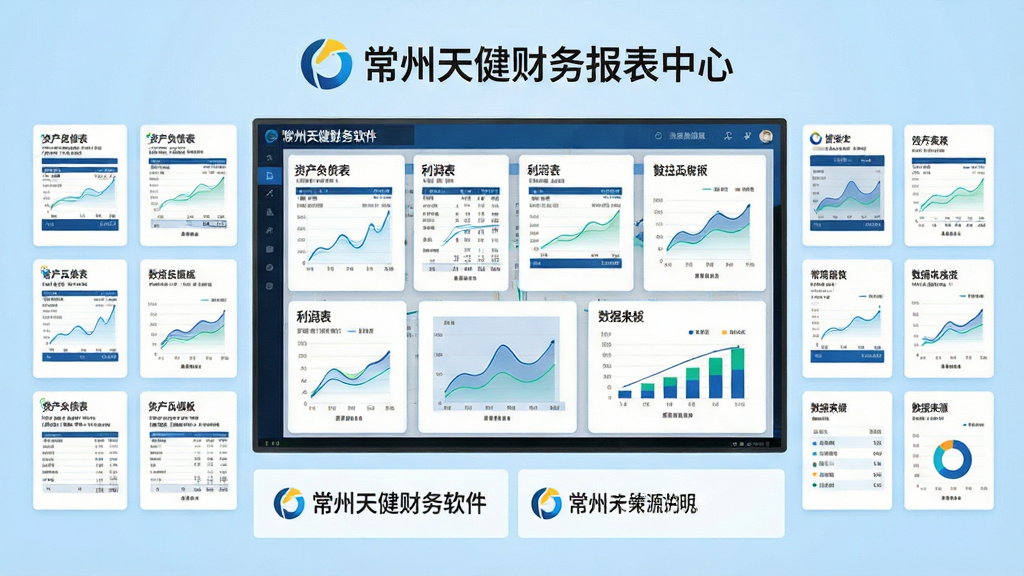 主体:常州天健财务软件报表中心,屏幕展示各类财务报表缩略图及数据图表;布局:中央大屏显示报表,左右排列报表模板,下方为数据来源说明;排版:网格化卡片式布局,报表封面标注“资产负债表”“利润表”等;风格:简约商务风,浅蓝色背景,白色卡片;细节:图表有动态数据线条,突出“常州天健财务软件”品牌标识;画质:清晰明亮,无多余元素。