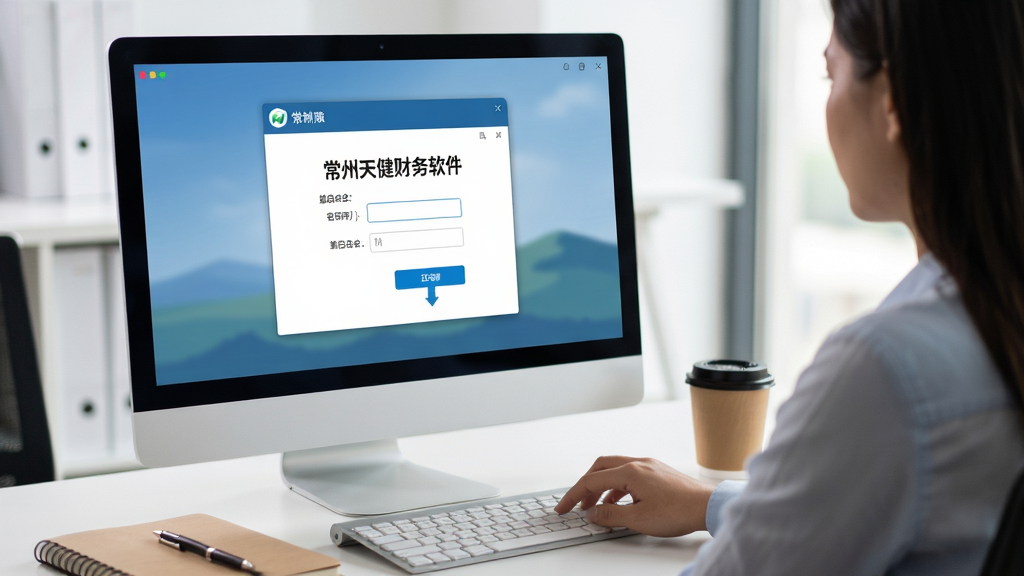 主体:用户正在电脑前操作常州天健财务软件,屏幕显示软件登录界面;布局:人物侧后方视角,电脑屏幕清晰可见登录窗口;排版:屏幕中央显示“常州天健财务软件”及用户名密码输入框;风格:写实摄影风格,办公环境;细节:用户手指点击登录按钮,桌面有笔记本和咖啡杯;画质:高清,景深效果,干净无多余元素。