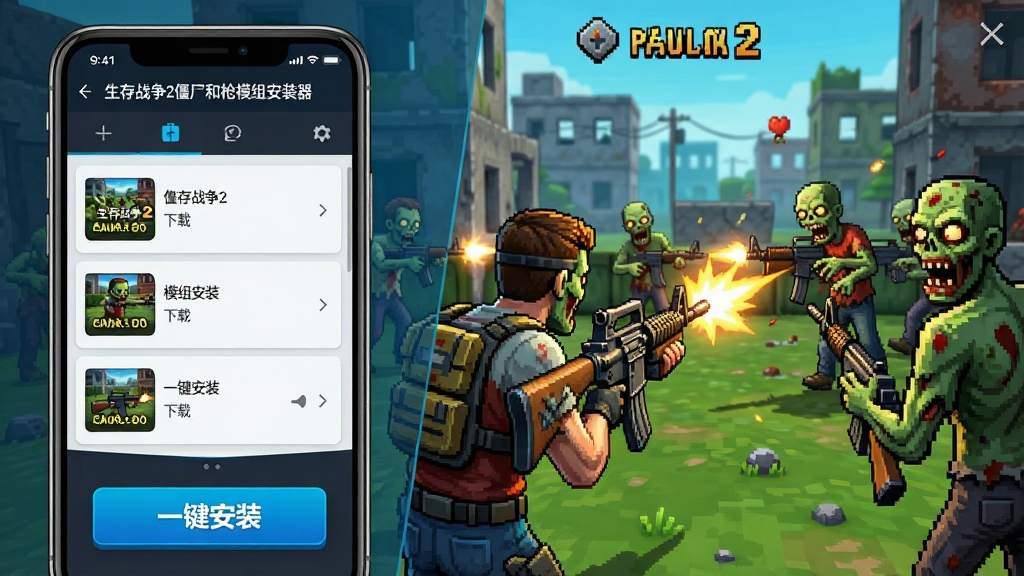 主体:生存战争2僵尸和枪模组安装器软件界面与游戏场景融合画面;布局:左侧为手机应用界面框架,右侧为游戏内僵尸与枪械对战场景;排版:左右分屏,界面清晰展示模组列表与下载按钮,游戏场景充满动态感;风格:现代科技感与像素游戏风格结合,色彩鲜明;细节:应用界面显示“生存战争2僵尸和枪模组安装器”名称与“一键安装”按键,游戏场景中角色手持步枪射击僵尸;画质:高清渲染,细节丰富,干净无多余元素。