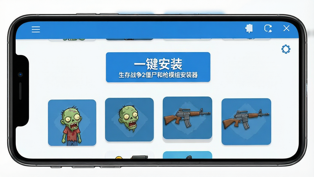 主体:手机屏幕显示生存战争2僵尸和枪模组安装器操作界面;布局:界面中央有醒目的“一键安装”按钮,下方排列着多个模组图标;排版:简洁纵向排列,按钮突出,模组卡片整齐;风格:扁平化设计,蓝白主色调;细节:按钮上有“生存战争2僵尸和枪模组安装器”字样,模组图标包含僵尸与枪械元素;画质:清晰锐利,界面干净无多余元素。