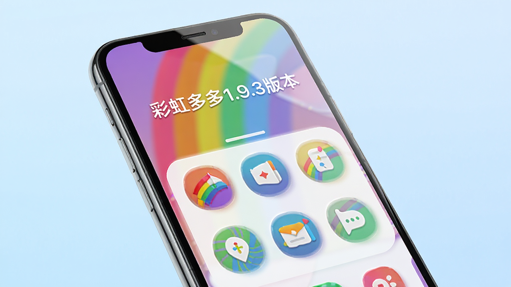 主体:一部亮屏的智能手机,屏幕中央显示彩虹多多1.9.3版本的彩色界面,包含多彩的图标和功能模块。布局:手机位于画面中心,略微倾斜,背景为渐变淡蓝色,营造清新科技感。排版:手机屏幕内展示“彩虹多多1.9.3版本”字样,下方排列几个圆形功能图标。风格:现代扁平化,色彩鲜艳,干净明亮。细节:屏幕反光自然,图标边缘清晰,整体具有立体感和层次感。画质:高清渲染,干净,无多余元素。