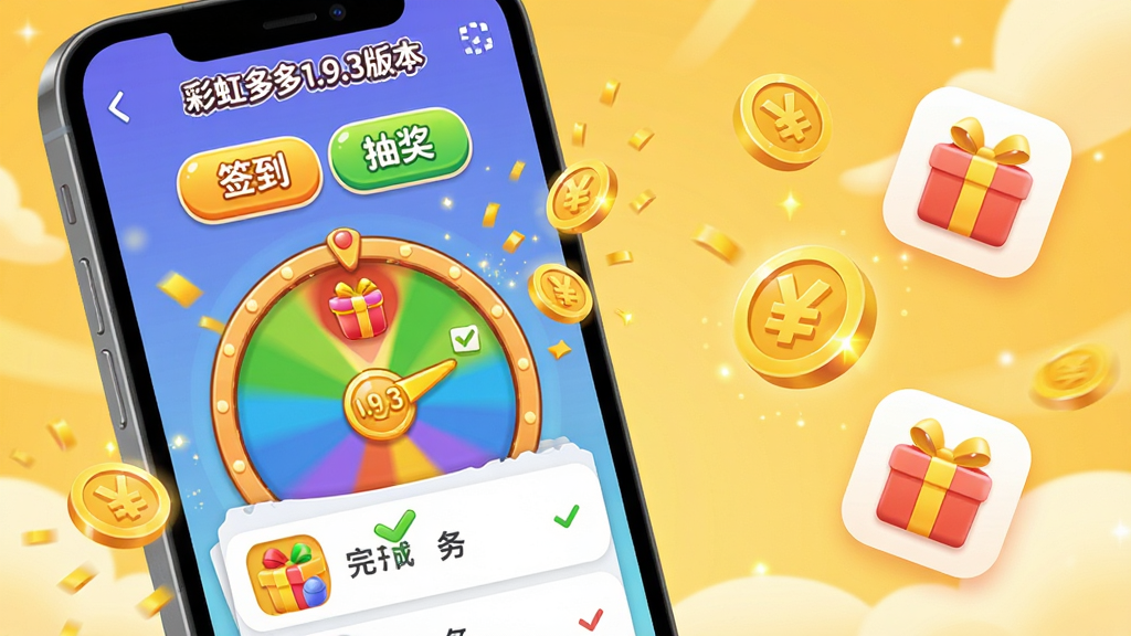 主体:手机屏幕展示彩虹多多1.9.3版本的互动活动页面,有转盘和任务列表。布局:手机位于画面左侧,右侧悬浮着金币和礼包图标,背景为暖黄色。排版:屏幕内显示“彩虹多多1.9.3版本”的签到和抽奖界面,按钮清晰。风格:活泼卡通,色彩明快,氛围欢乐。细节:转盘指针指向奖励区域,任务列表打勾完成,金币散落效果。画质:细腻,干净,无多余元素。