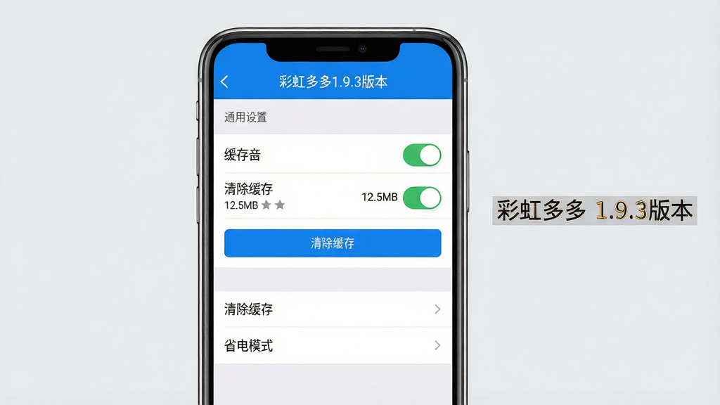 主体:一部手机屏幕显示设置页面,有“清除缓存”和“省电模式”选项,背景为浅灰色。布局:手机居中,屏幕上有“彩虹多多1.9.3版本”设置界面,右侧有文字标注。排版:屏幕内显示“彩虹多多1.9.3版本”的“通用设置”菜单,列表清晰。风格:简约商务,蓝白配色。细节:开关按钮呈现开启状态,缓存大小显示“12.5MB”,并有“清除缓存”按钮。画质:高清晰,干净,无多余元素。