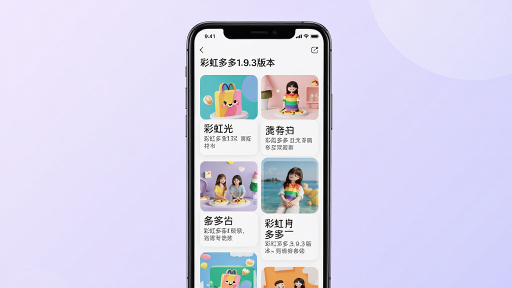 主体:一部手机屏幕上展示彩虹多多1.9.3版本的推荐内容流,包含图片、文字卡片。布局:手机居中,屏幕面向观者,背景为柔和的浅紫色渐变,突出内容展示。排版:屏幕中显示“彩虹多多1.9.3版本”的推荐页,卡片式布局,错落有致。风格:简洁大方,信息流样式,色彩和谐。细节:每张卡片包含缩略图、标题和简短描述,滑动痕迹隐约可见。画质:高清晰度,干净,无多余元素。