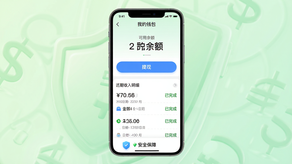 主体:手机屏幕展示闪职APP的“我的钱包”界面,顶部显示可用余额,中间为“提现”按钮,下方为近期收入明细列表,包含金额、日期和“已完成”状态标记。布局:手机居中,背景为淡绿色渐变,象征安全与信任。排版:简洁列表,数字突出显示。风格:清新金融风格,图标圆润。细节:提现按钮为蓝色,收入明细每行有分隔线,底部有“安全保障”小盾牌图标。画质:高清渲染,干净,无多余元素。