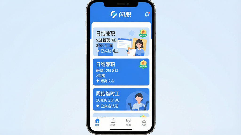 主体:手机屏幕展示闪职APP主界面,上方显示“闪职”品牌标识,中间为岗位信息瀑布流,包含“日结兼职”、“周结临时工”等卡片,底部为导航栏。布局:手机居中,界面内容清晰可辨,背景为简约浅蓝色渐变。排版:卡片式布局,图文结合,文字醒目。风格:现代扁平化设计,配色以蓝白为主,清新专业。细节:屏幕内岗位卡片显示企业名称、薪资、距离等元素,并标注“已实名认证”徽章。画质:高清渲染,干净,无多余元素。