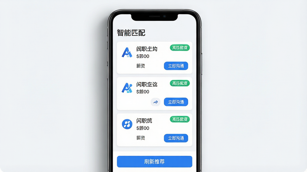 主体:一台智能手机屏幕显示闪职APP的匹配结果页面,上方为“智能匹配”标题,下方以列表形式展示三个推荐岗位卡片,每个卡片有企业图标、岗位名称、薪资和“立即沟通”按钮。布局:手机居中,背景为浅灰白色,侧面有轻微阴影。排版:列表式,信息层级分明。风格:商务简约,蓝色点缀。细节:岗位卡片上带有“高匹配度”绿色标签,底部有“刷新推荐”按钮。画质:细腻清晰,干净,无多余元素。