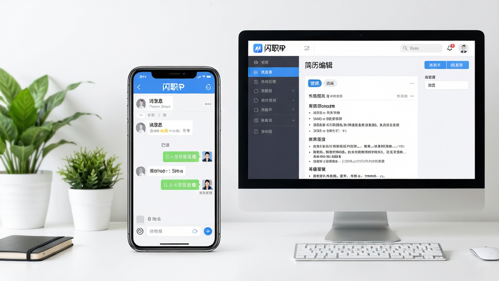 主体:手机与电脑并排,屏幕均显示闪职APP界面,手机上显示消息聊天窗口,电脑上显示简历编辑页面。布局:两设备左右排列,背景为工作台,有绿植点缀。排版:对称式构图,设备屏幕内容清晰。风格:现代办公场景,明亮色调。细节:手机聊天窗口有“已读”标记,电脑屏幕简历上有“技能”标签。画质:高清,干净,无多余元素。