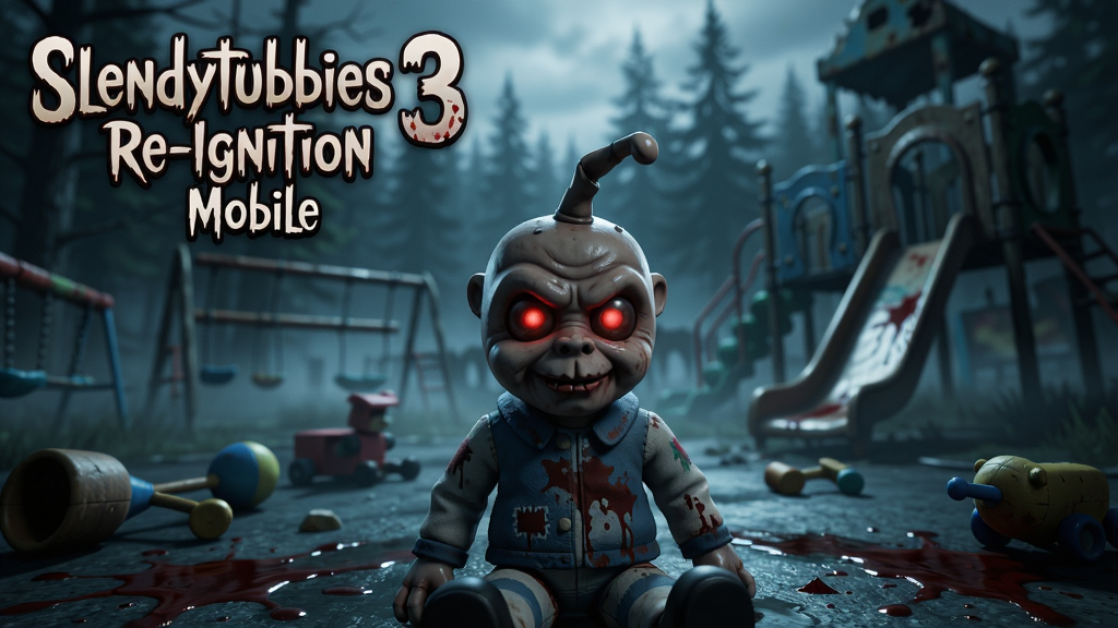 主体:《Slendytubbies 3 Re-Ignition Mobile》游戏主视觉图,展示一个阴暗的游乐场场景,前景是扭曲的提比玩偶,背景是模糊的森林和破败的设施。布局:中心构图,玩偶位于画面中央偏下,周围散布着散落的玩具和血迹,营造不安感。排版:画面左上角有游戏标题文字“Slendytubbies 3 Re-Ignition Mobile”,字体为扭曲的恐怖风格。风格:写实恐怖,高对比度光影,冷色调,类似电影级游戏宣传图。细节:玩偶眼睛发出微弱的红光,周围有雾气,地面有潮湿痕迹。画质:8K超清,细节丰富,干净无多余元素。