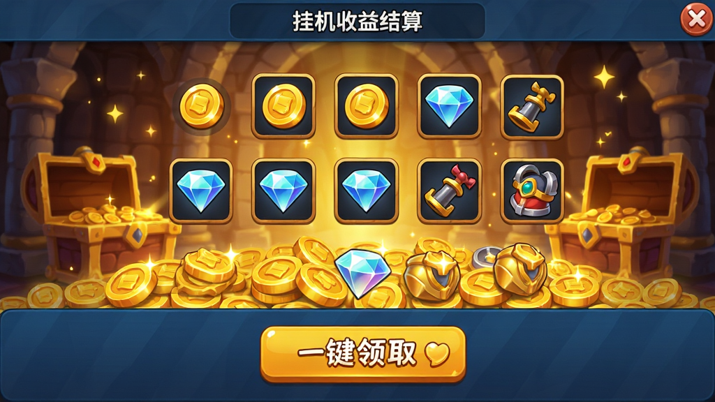游戏挂机收益结算界面,显示大量金币、钻石和装备图标,背景为魔王宝库,金光闪闪,UI简洁明了,有“一键领取”按钮,画风卡通,色彩明亮,画质高清,干净无多余元素