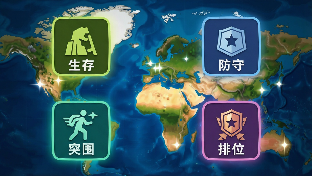 主体:四个玩法模式的图标排列,分别显示“生存”、“防守”、“突围”、“排位”字样,背景为动态的游戏世界地图;布局:四宫格排列,每个图标有独特底色和符号;排版:对称方形,简洁明了;风格:扁平化设计,高对比度;细节:图标有微光效,地图上有闪光点标记;画质:清晰锐利,干净,无多余元素