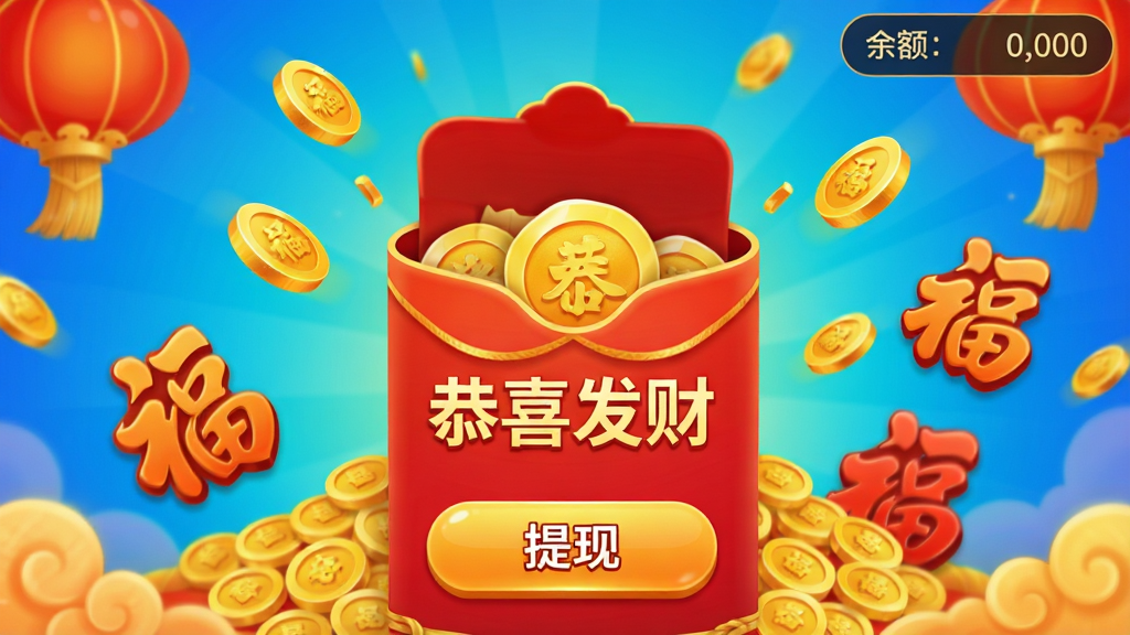 游戏界面中央展示一个打开的红包,红包上写着“恭喜发财”,周围散落着金币和福字,红包下方有一个“提现”按钮,界面右上角显示余额,整体风格喜庆,色彩明亮,画质干净,无多余元素