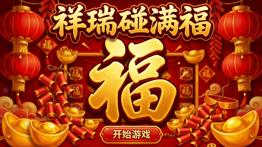 画面中央是一个巨大的金色“福”字,周围环绕着红色灯笼、金色元宝、鞭炮等喜庆元素,游戏名称“祥瑞碰满福”以艺术字体横排在画面顶部,下方是游戏主界面,底部有“开始游戏”按钮,整体布局喜庆热闹,色彩以红金为主,画质清晰,干净无多余元素