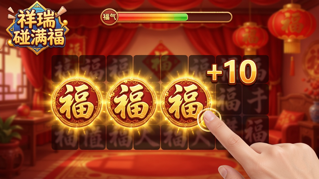 游戏画面上,一个玩家手指正在点击屏幕上相邻的“福”字图标,图标上带有金色光效,消除后出现“+10”的分数提示,屏幕上方显示福气值进度条,左上角有“祥瑞碰满福”的logo,背景是红彤彤的喜庆房间,画质细腻,干净无多余元素