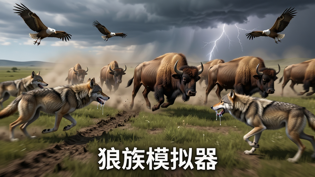 主体:《狼族模拟器》生态模拟场景,一群狼在草原上追逐一群野牛,空中秃鹫盘旋,远处有雷暴云。布局:狼群呈扇形包围猎物,画面动感十足。排版:底部中央显示“狼族模拟器”字样。风格:写实风格,动态模糊效果突出速度感。细节:草地被踩踏的痕迹、野牛扬起的尘土、狼嘴边的唾液。画质:高帧率渲染,细节丰富,干净无多余元素。